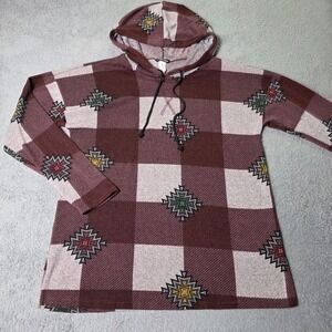 Heimish USA Womens M Hoodie Burgundy Grey Southwestern Checkered Pullover Top